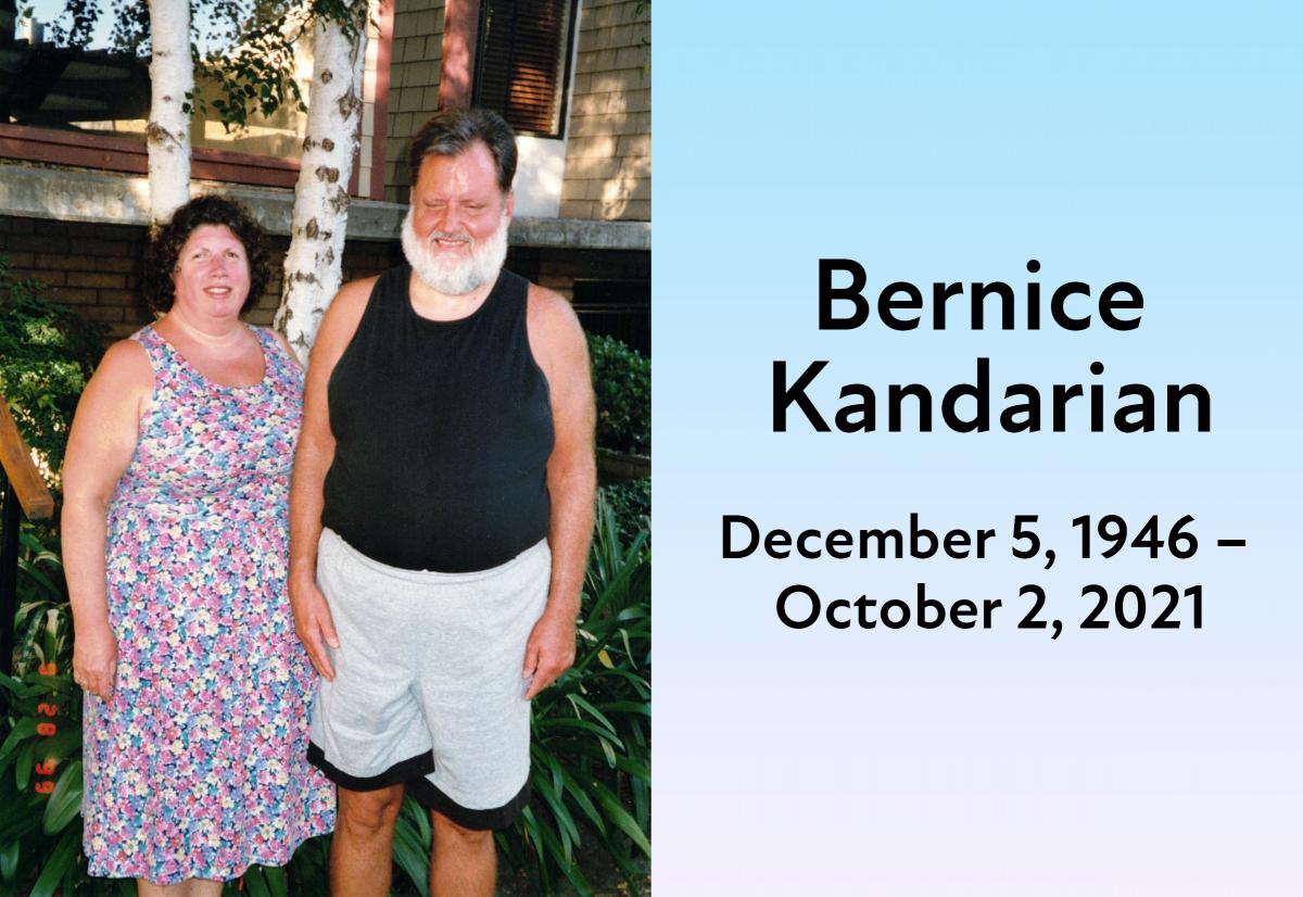 Bernice and her husband standing in a garden. December 5, 1946 - October 2, 2021.