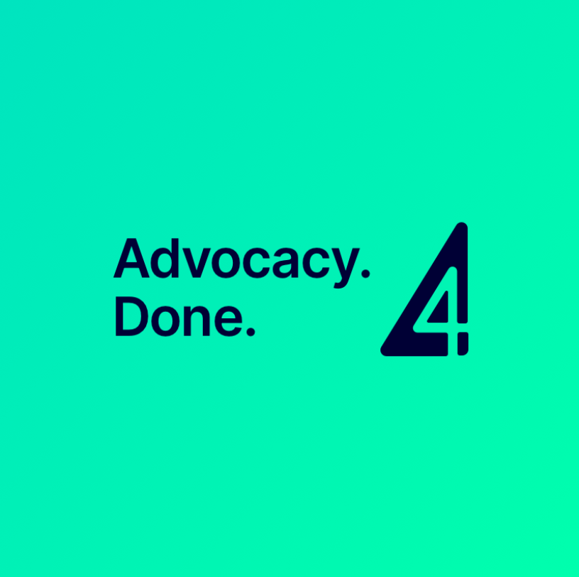 Speak4 Logo on a bright green background. Left of the logo says "Advocacy. Done"