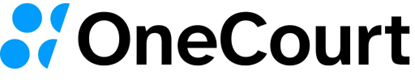 The OneCourt logo. The OneCourt logo includes four slanted blue dots on the left with two cut vertically in half and the words "OneCourt" as one word in black.