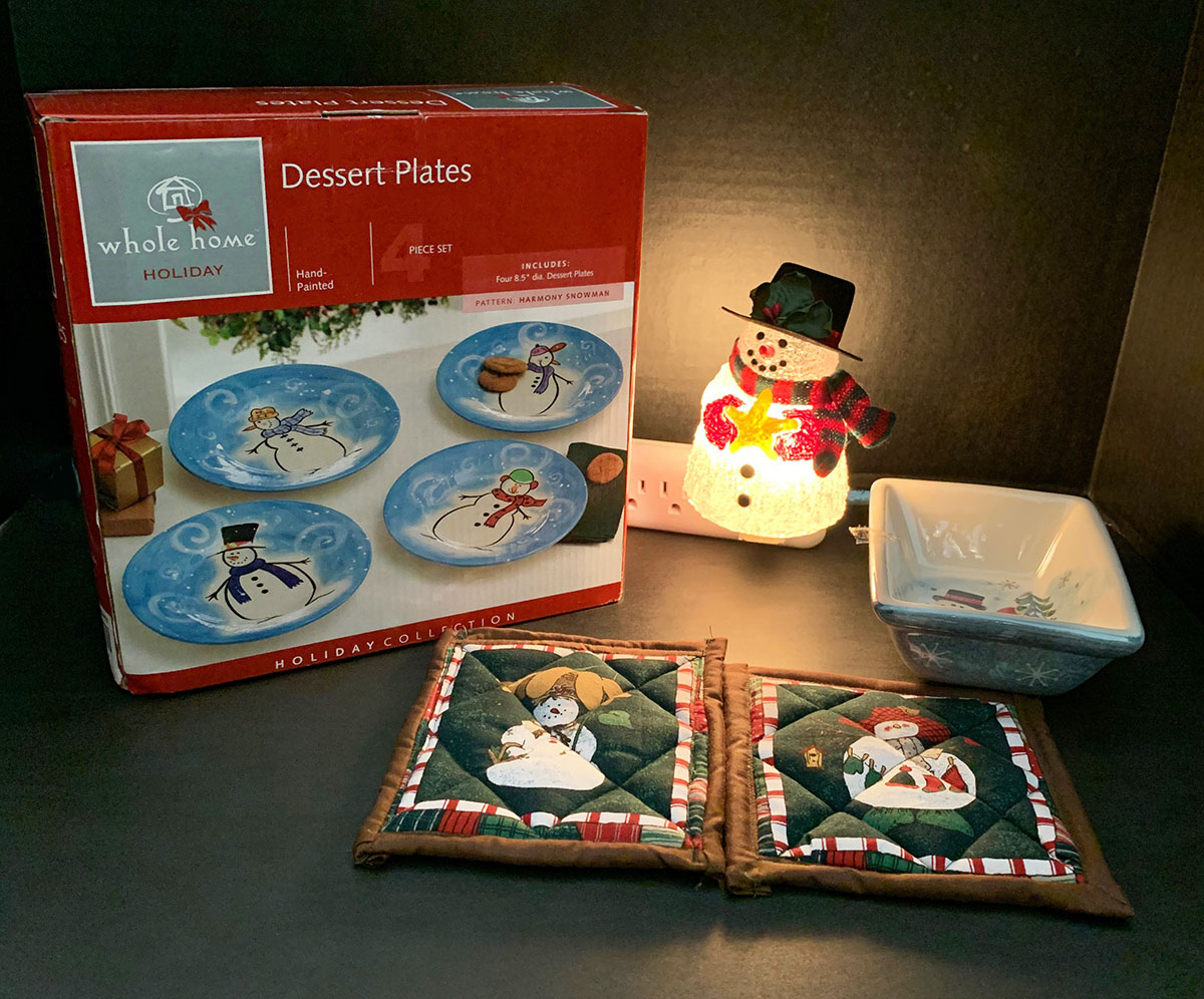 Snowman Package with set of holiday plates, dish, coasters, and night light