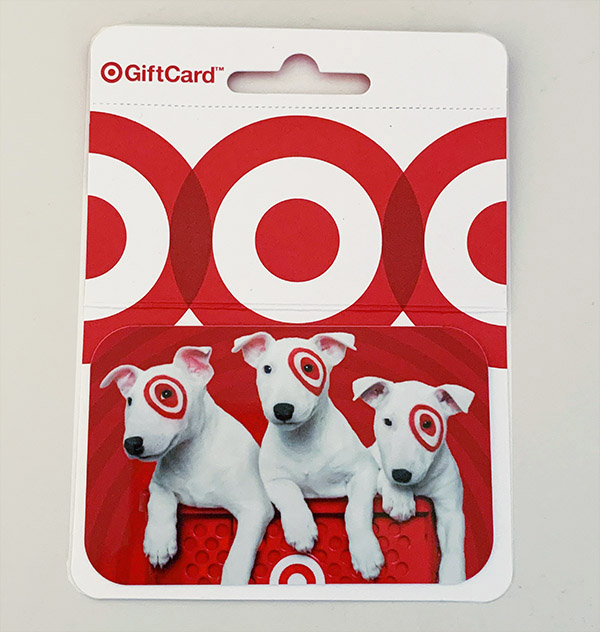 Target Gift Card with picture of 3 dogs with red bullseye