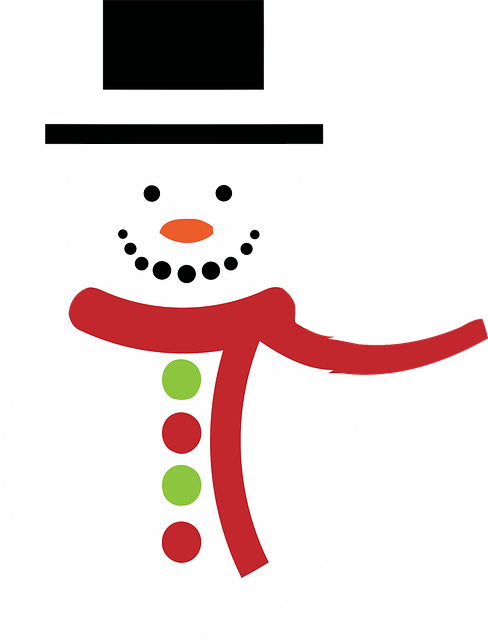 Image of a snowman with a carrot nose wearing a black top hat, red scarf, green and red buttons.